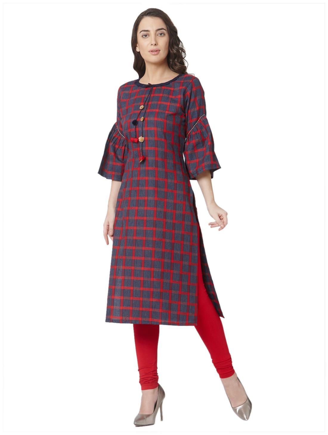 

OS Women Blue Red Checkered Straight Kurta