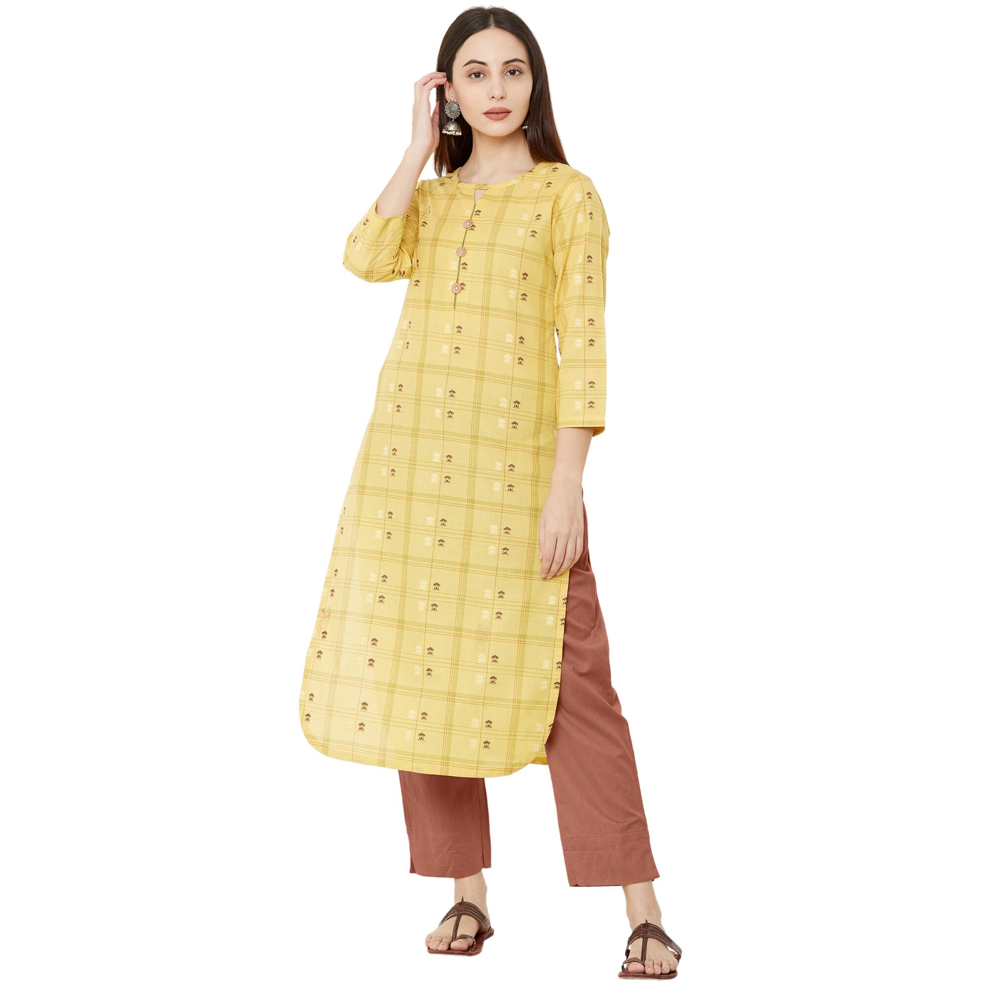 

OS Women Yellow Checkered Straight Kurti