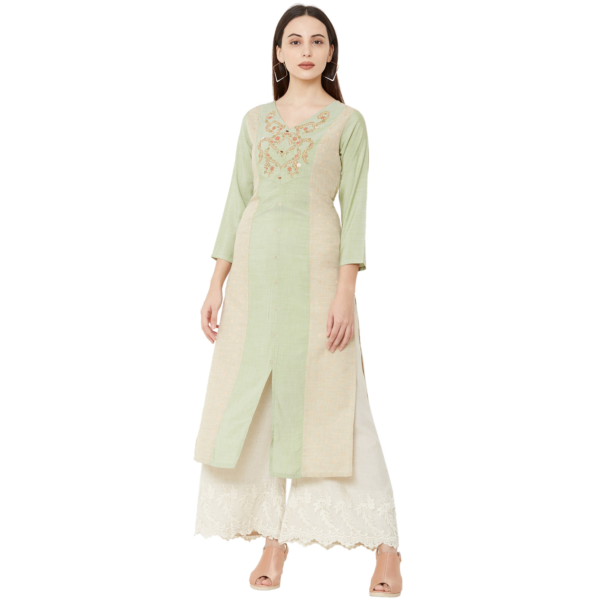 

OS Women Green Beige Embroidered Straight Kurti