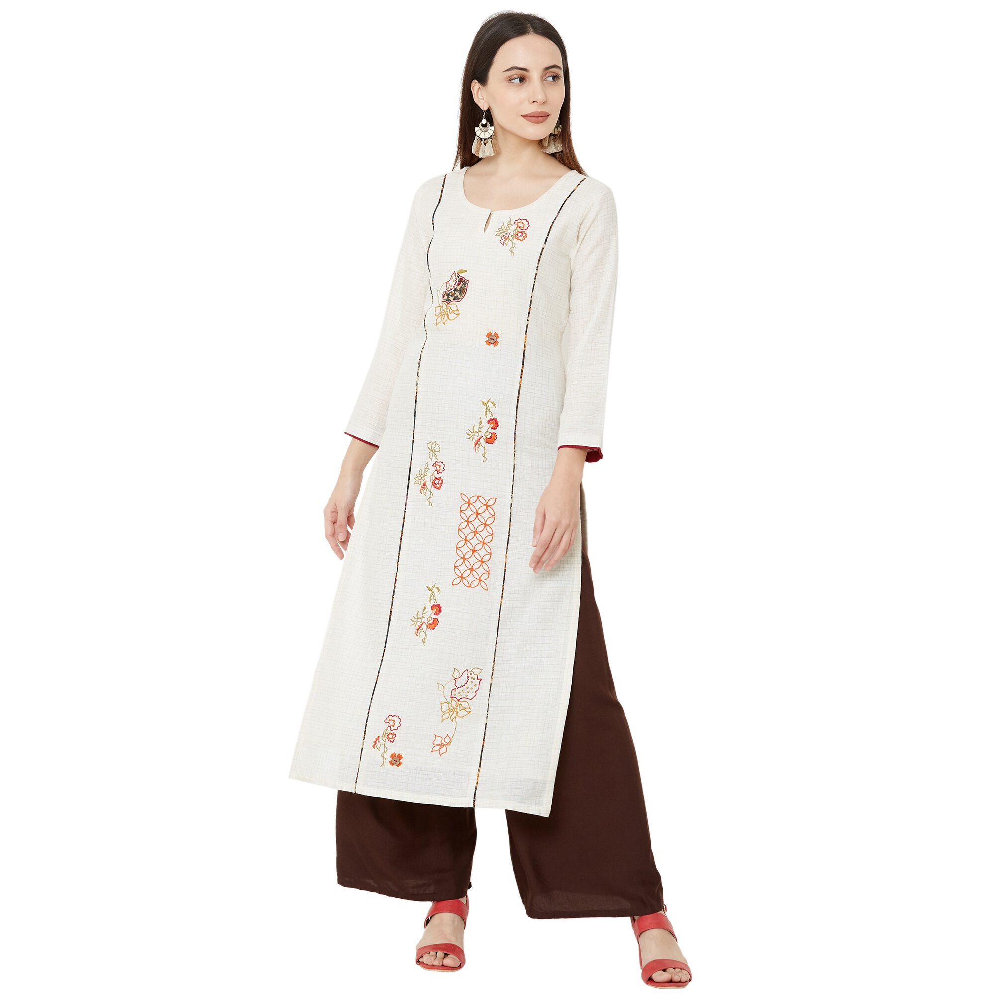 

OS Women Cream Embroidered Straight Kurti