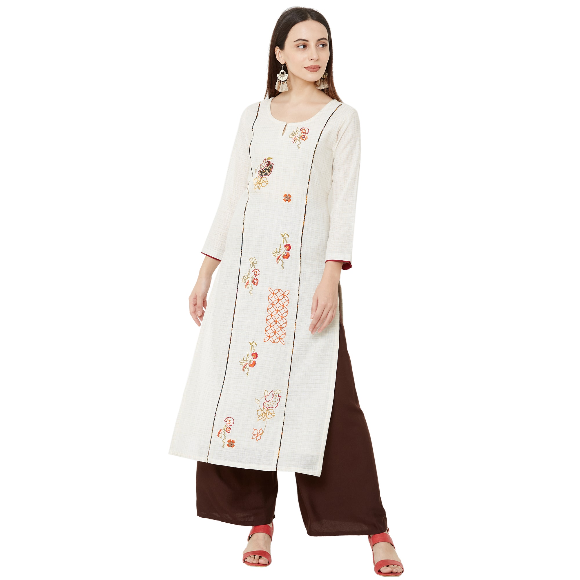 

OS Women Cream Embroidered Straight Kurti