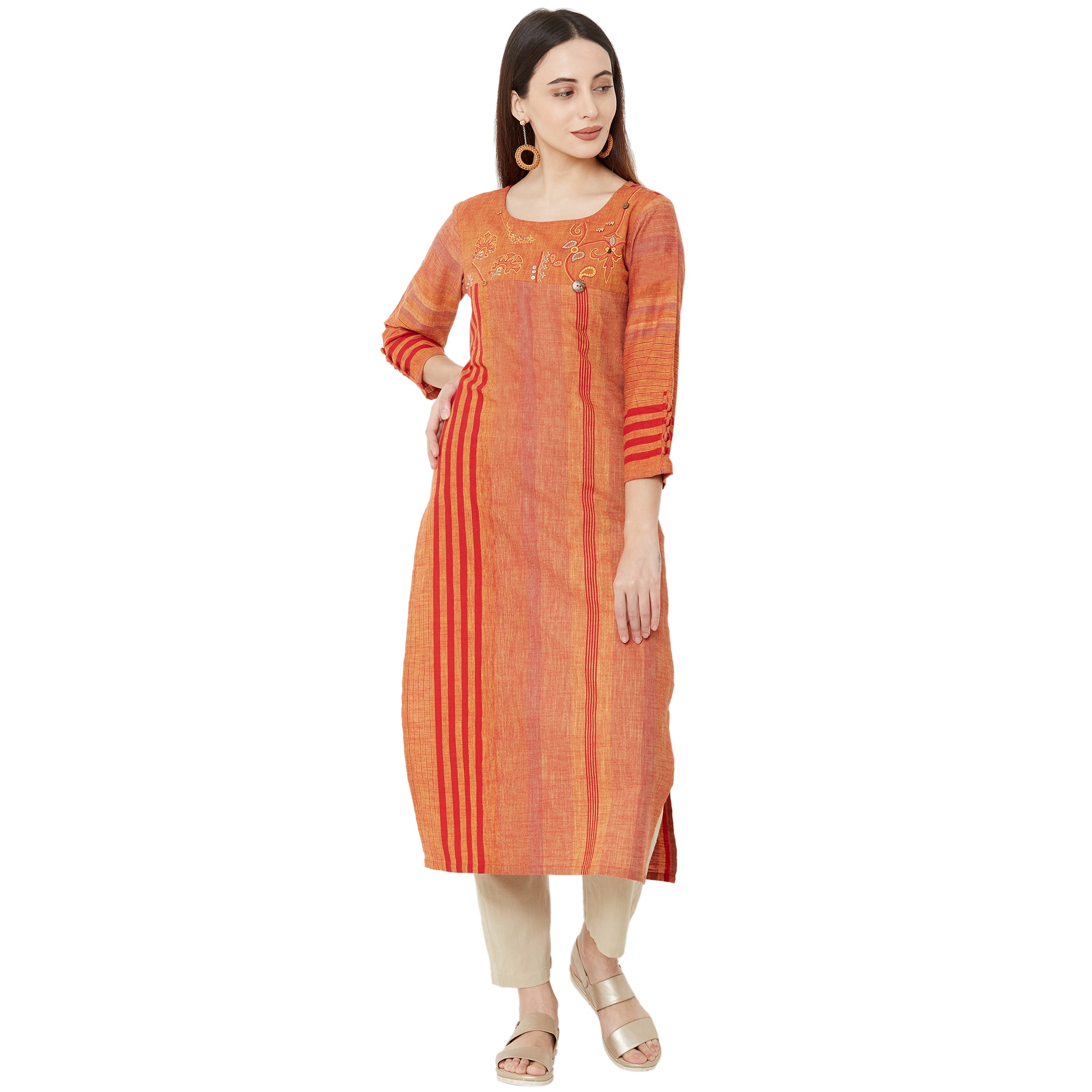 

OS Women Orange Embroidered Straight Kurti