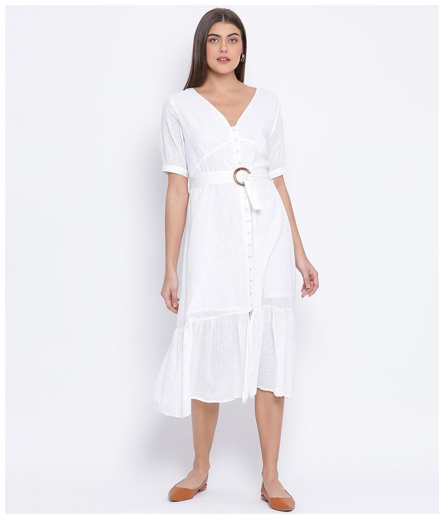 

Oxolloxo Cotton White Solid A Line Dress For Women