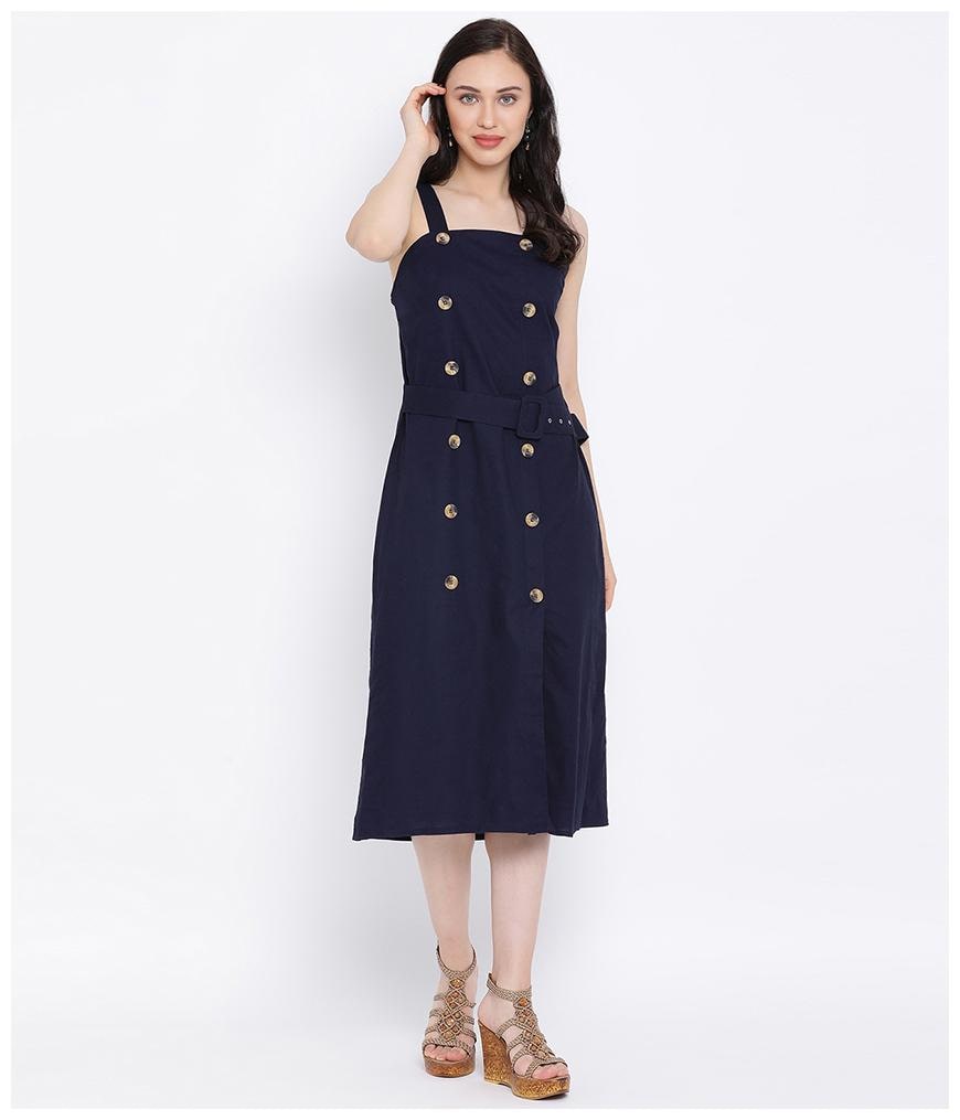 

Oxolloxo Cotton Navy Blue Solid A Line Dress For Women