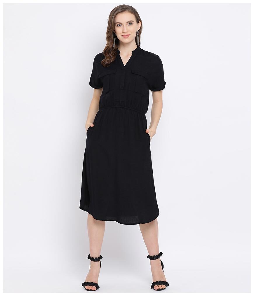 

Oxolloxo Cotton Solid Black A Line Dress For Women