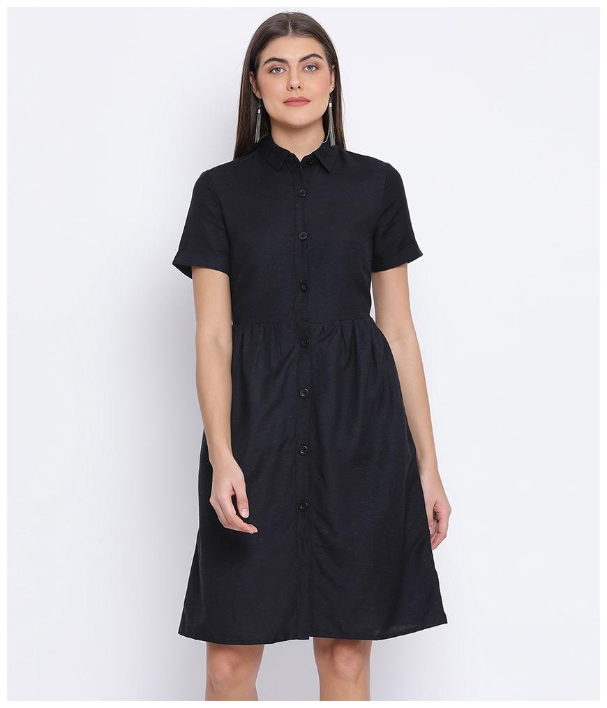 

Oxolloxo Cotton Black Solid A Line Dress For Women