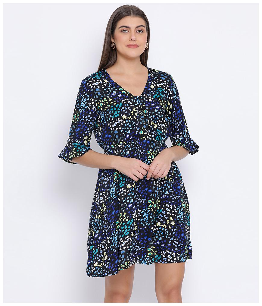 

Oxolloxo Cotton Navy Blue Printed A Line Dress For Women