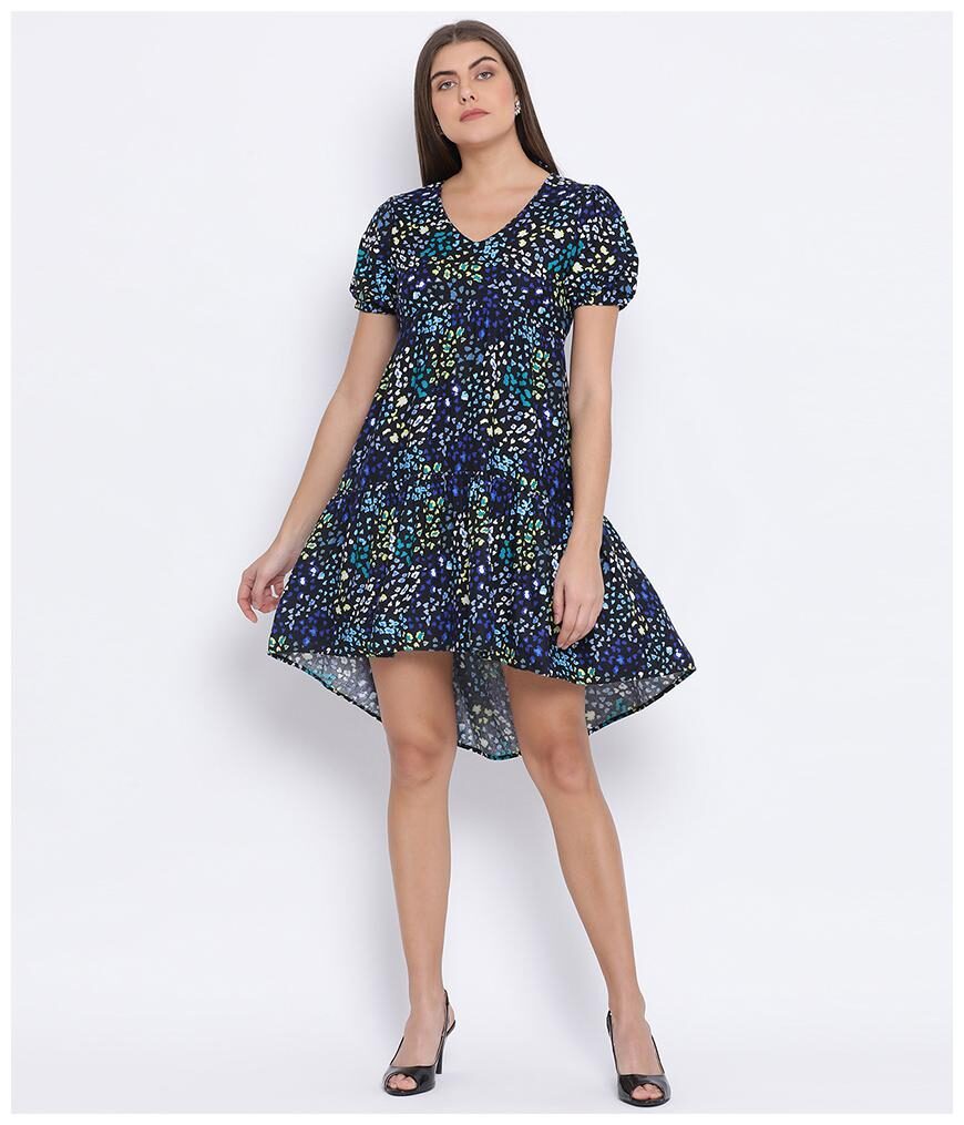 

Oxolloxo Cotton Navy Blue Printed A Line Dress For Women