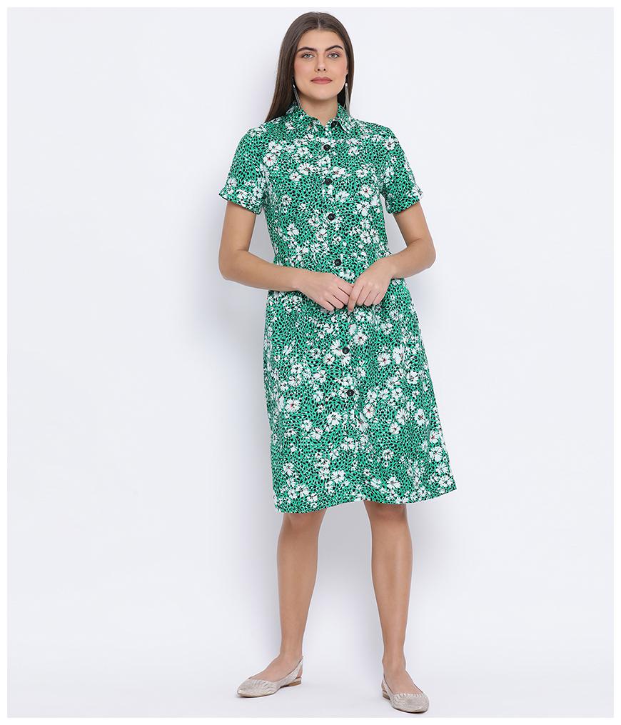 

Oxolloxo Cotton Green Floral A Line Dress For Women