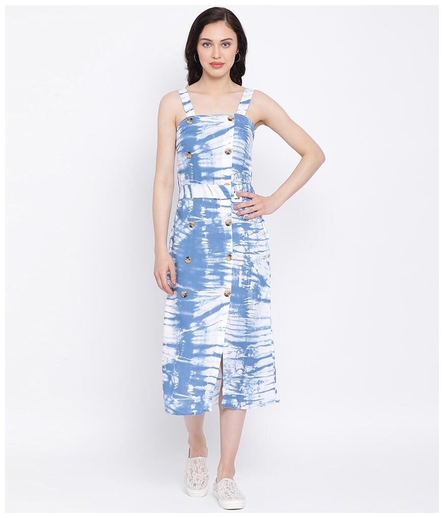 

Oxolloxo Cotton Blue Printed A Line Dress For Women