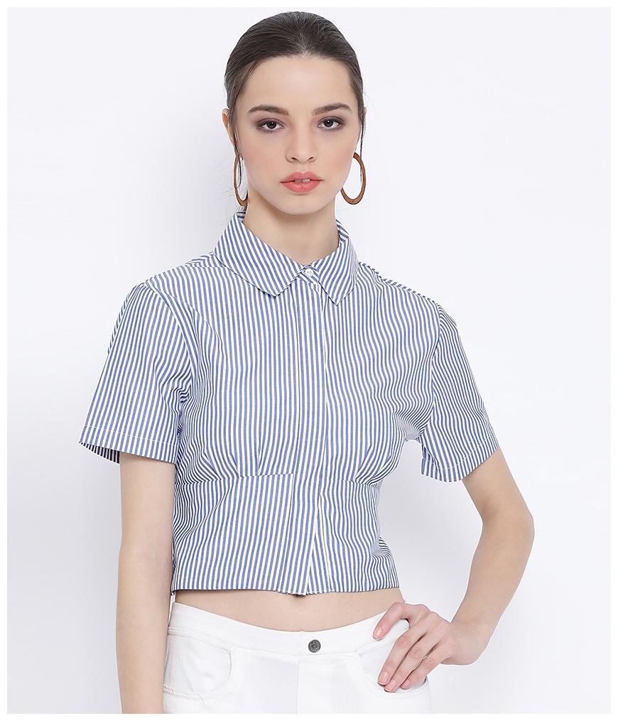 

Oxolloxo Women White Blue Striped Regular Fit Shirt