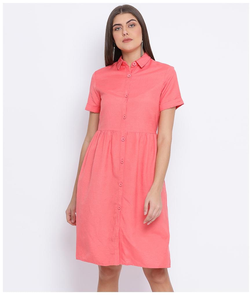 

Oxolloxo Cotton Pink Solid A Line Dress For Women