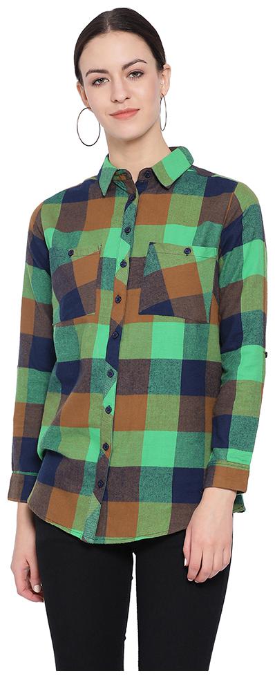 

Oxolloxo Women Green Checked Regular Fit Shirt
