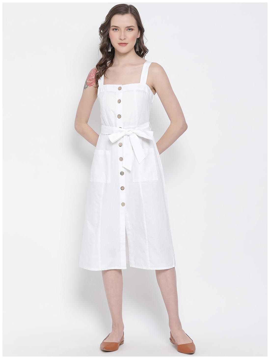 

Oxolloxo Cotton White Solid A Line Dress For Women