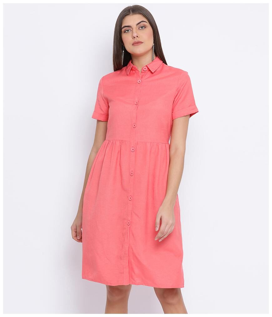 

Oxolloxo Cotton Pink Solid A Line Dress For Women
