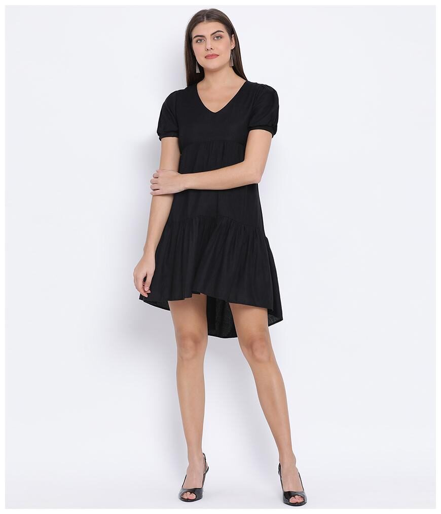 

Oxolloxo Cotton Black Solid A Line Dress For Women