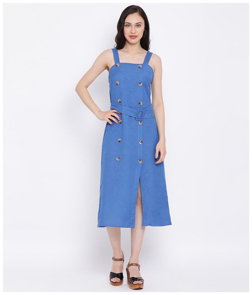 

Oxolloxo Cotton Blue Solid A Line Dress For Women