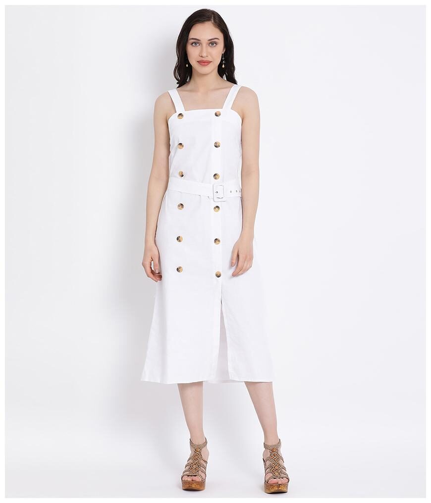 

Oxolloxo Cotton White Solid A Line Dress For Women