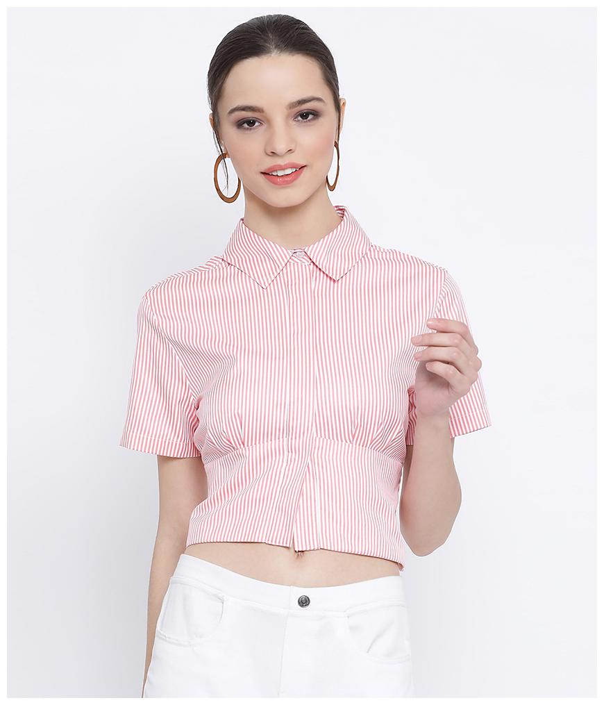 

Oxolloxo Women White Pink Striped Regular Fit Shirt