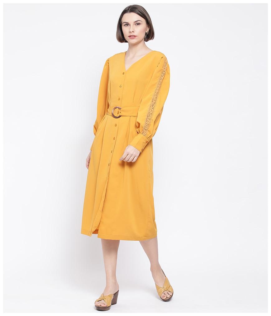 

Oxolloxo Polyester Solid Yellow A Line Dress For Women