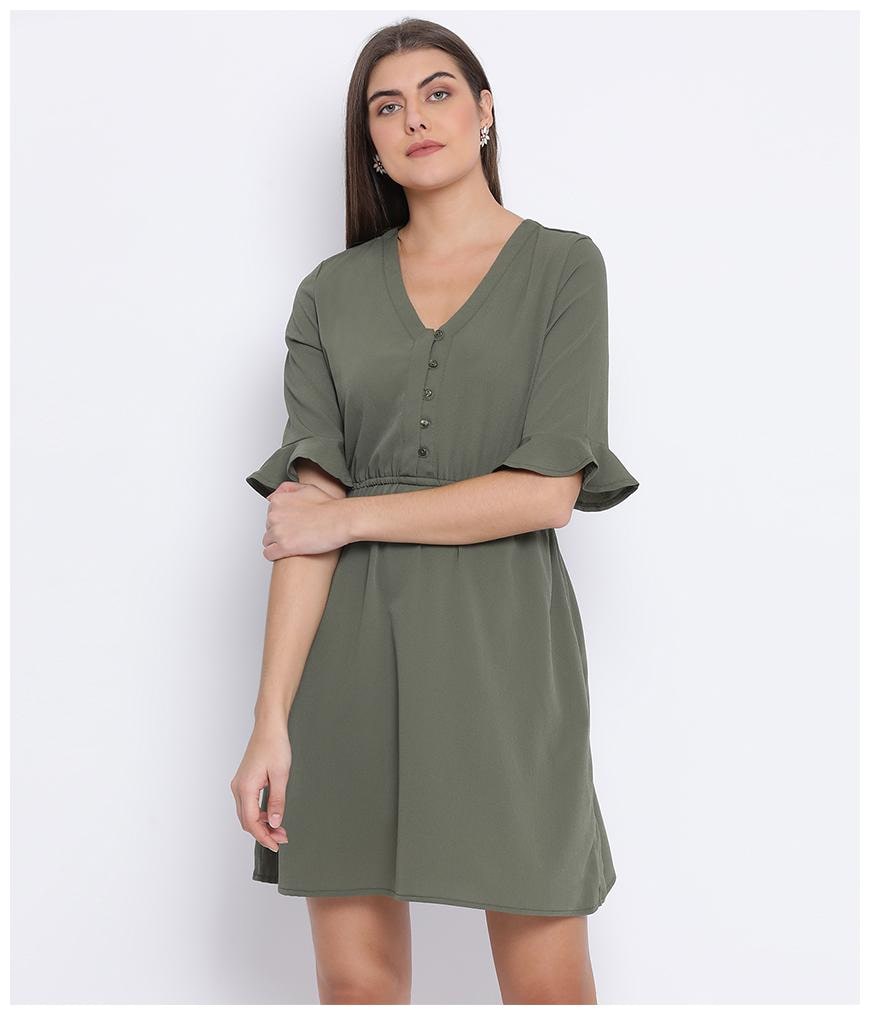 

Oxolloxo Polyester Green Solid A Line Dress For Women