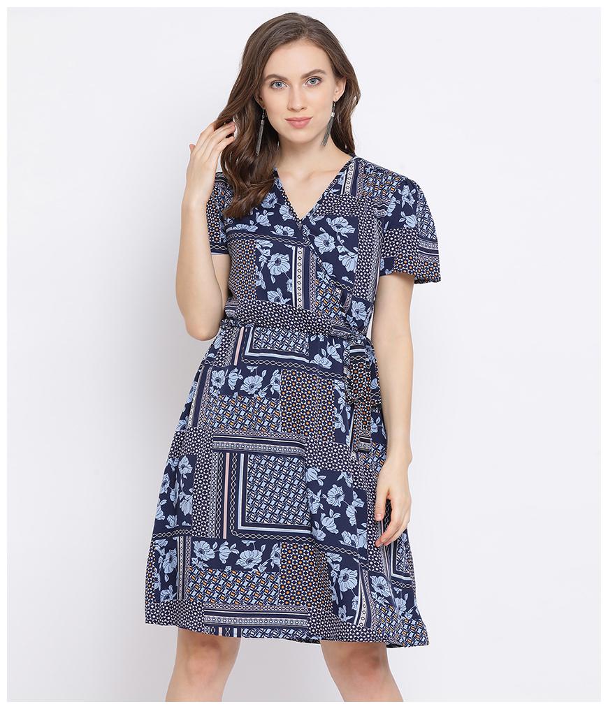 

Oxolloxo Polyester Floral Navy Blue A Line Dress For Women
