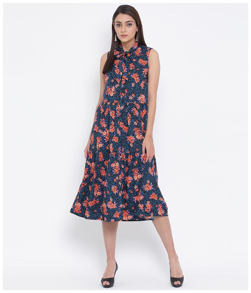 

Oxolloxo Polyester Floral Navy Blue Dress for Women