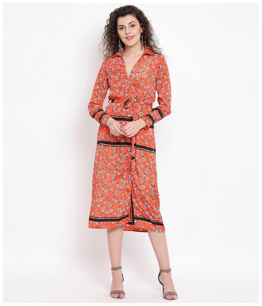 

Oxolloxo Polyester Floral Orange A Line Dress For Women