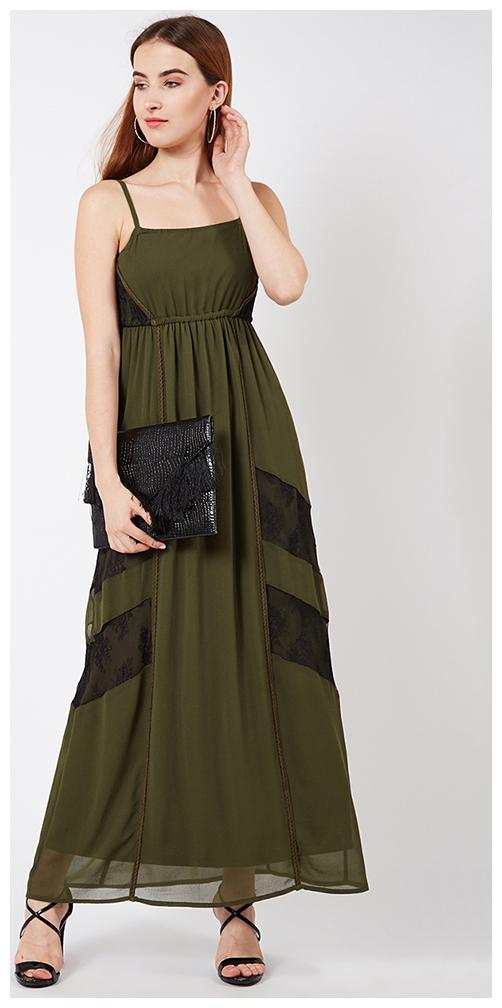 

OXOLLOXO Green Black Solid A-line dress