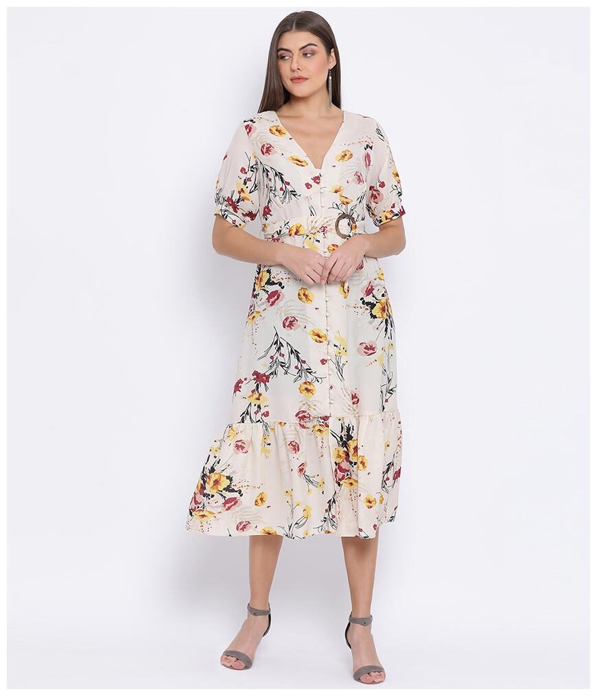 

Oxolloxo Polyester Beige Floral A Line Dress For Women