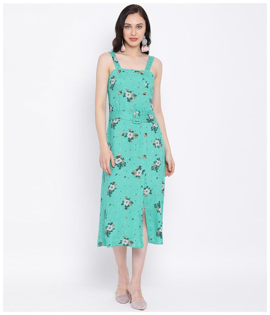 

Oxolloxo Polyester Green Floral A Line Dress For Women