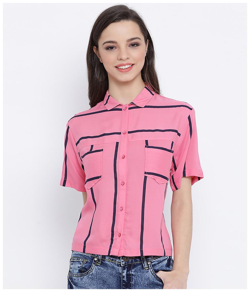 

Oxolloxo Women Blue Pink Striped Regular Fit Shirt