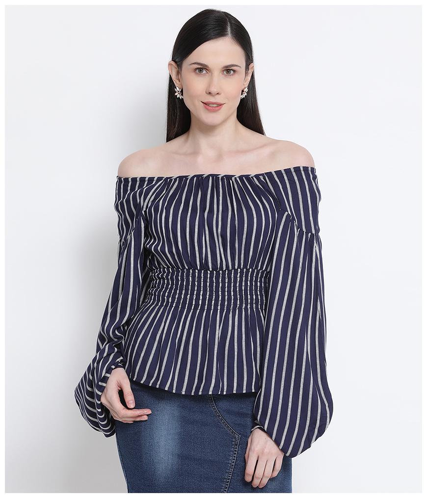 

Oxolloxo Viscose Rayon Striped Navy Blue Top For Women