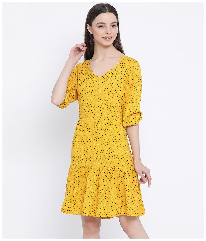 

Oxolloxo Viscose Rayon Printed Yellow Dress for Women