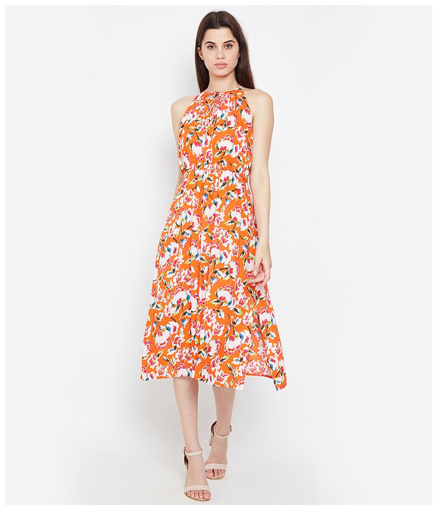 

Oxolloxo Viscose Rayon Floral Orange Dress for Women
