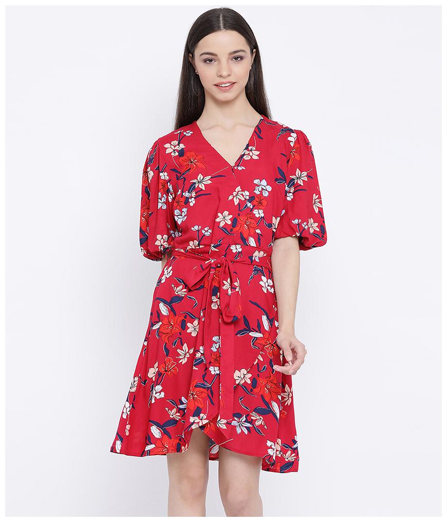 

Oxolloxo Viscose Rayon Floral Red Dress for Women