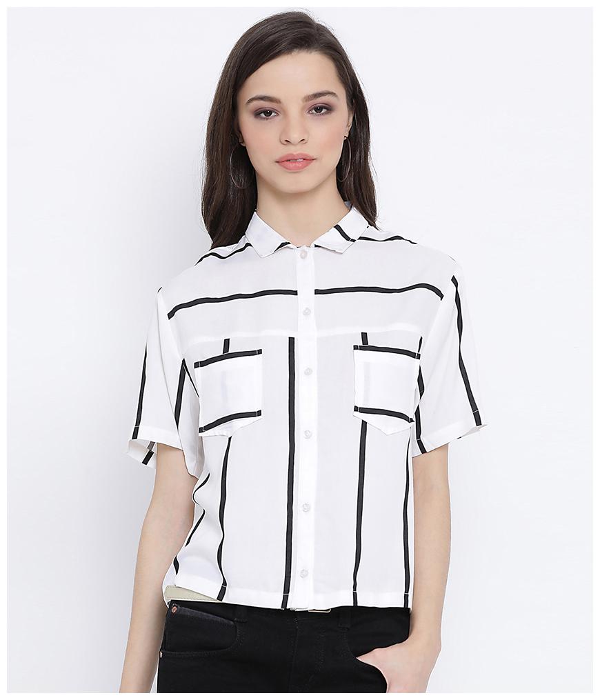 

Oxolloxo Women Black White Striped Regular Fit Shirt
