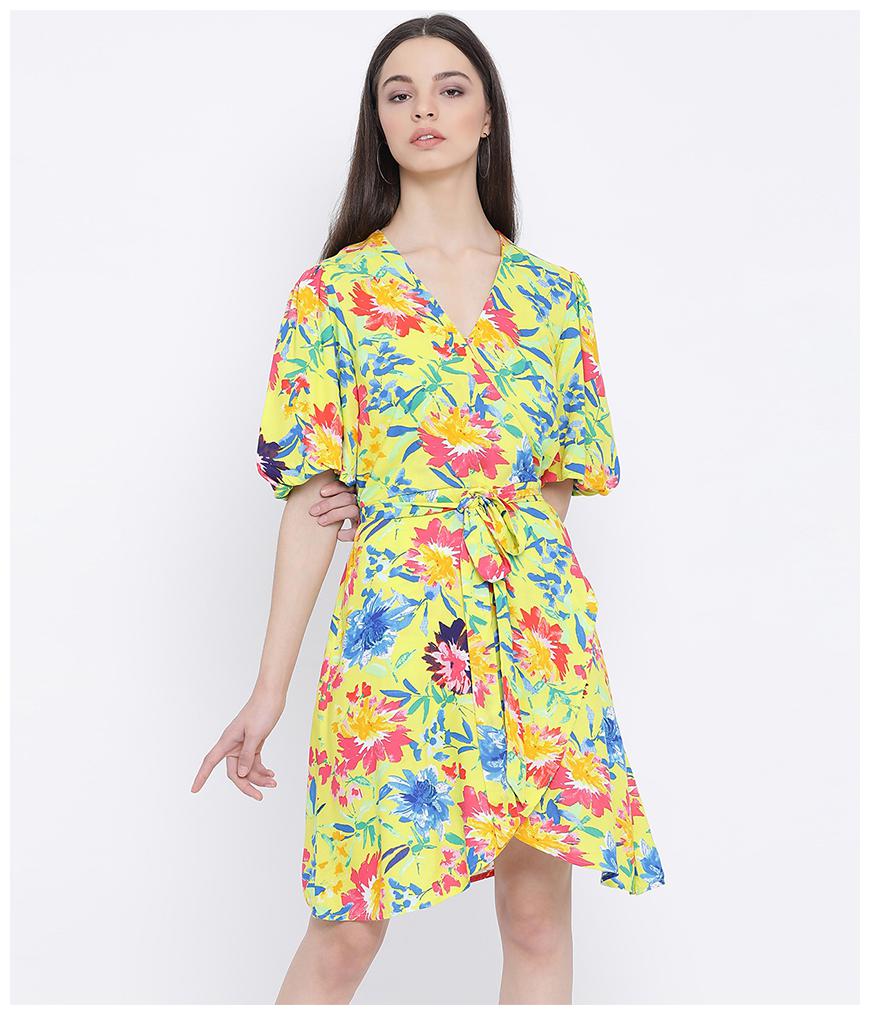 

Oxolloxo Viscose Rayon Floral Yellow Dress for Women
