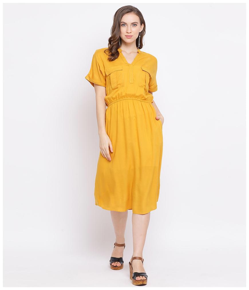 

Oxolloxo Viscose Rayon Solid Yellow A Line Dress For Women