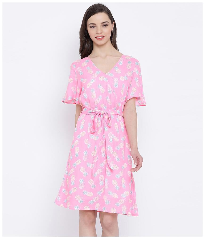 

Oxolloxo Viscose Rayon Printed Pink Dress for Women