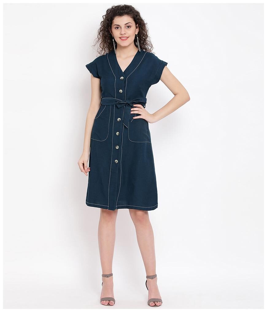 

Oxolloxo Women Cotton Solid Shirt Dress Navy Blue