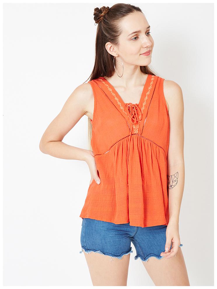 

OXOLLOXO Women Solid A-line top - Orange
