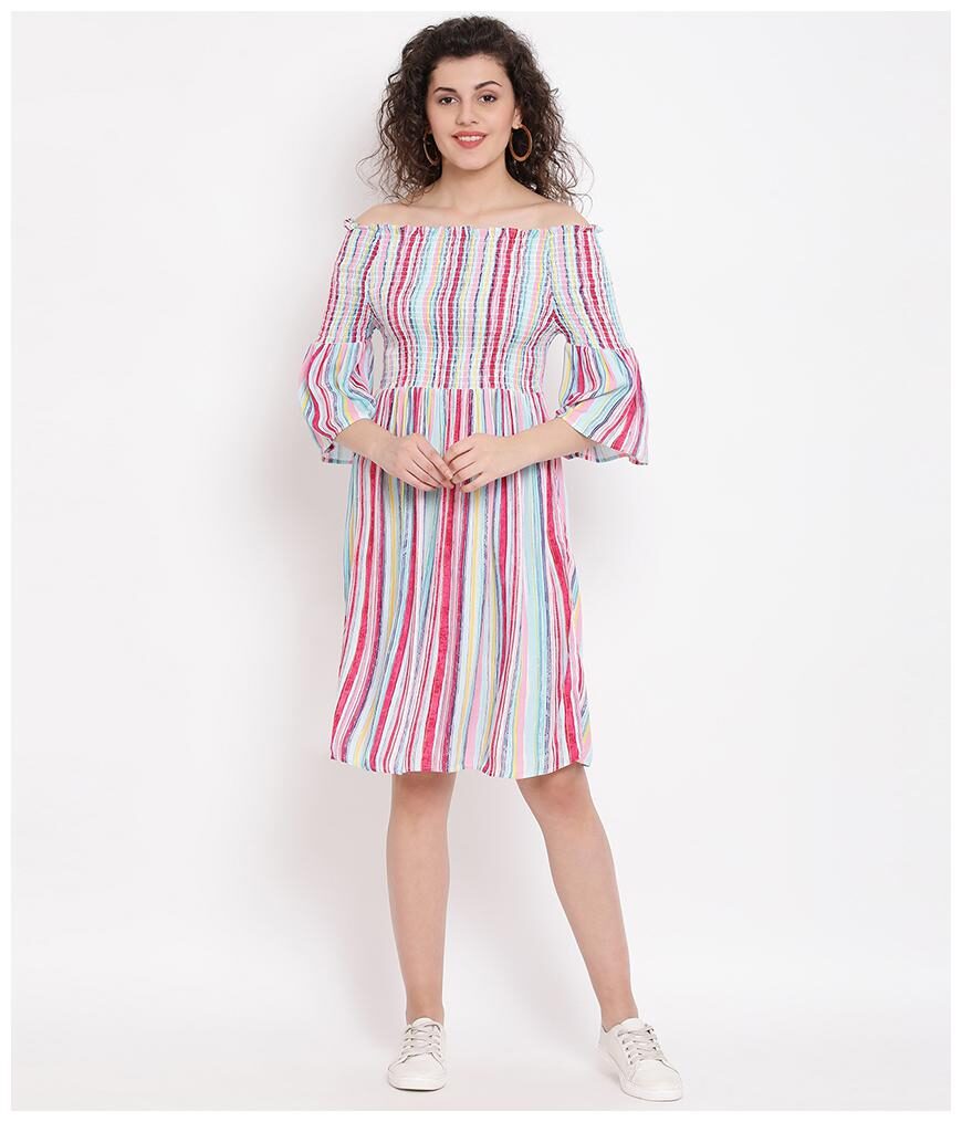 

Oxolloxo Women Viscose Rayon Striped A Line Dress Multi