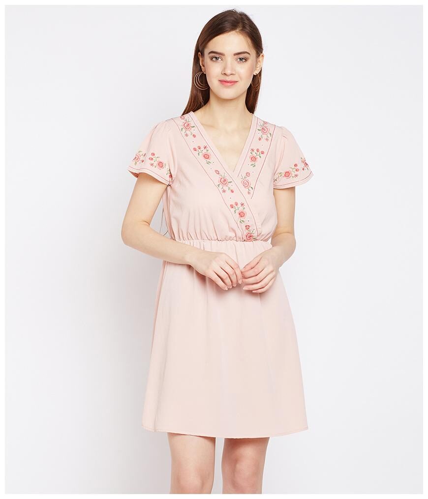 

Oxolloxo Women Polyester Embroidered Beige A Line Dress