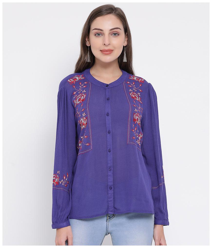 

Oxolloxo Women Purple Embroidered Regular Fit Shirt