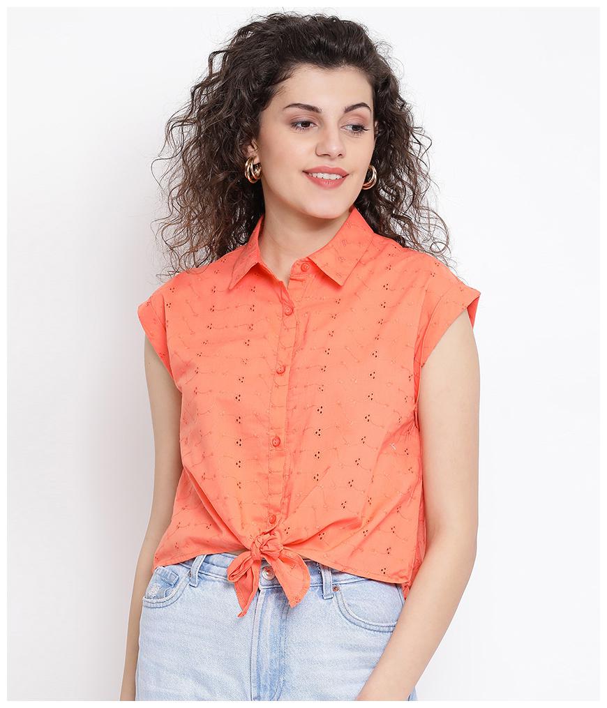 

Oxolloxo Women Orange Embroidered Regular Fit Shirt