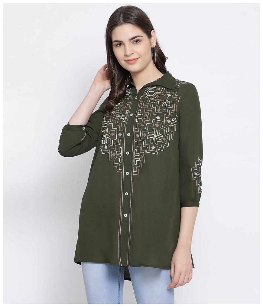 

Oxolloxo Women Olive Polyester Embroidered Shirt