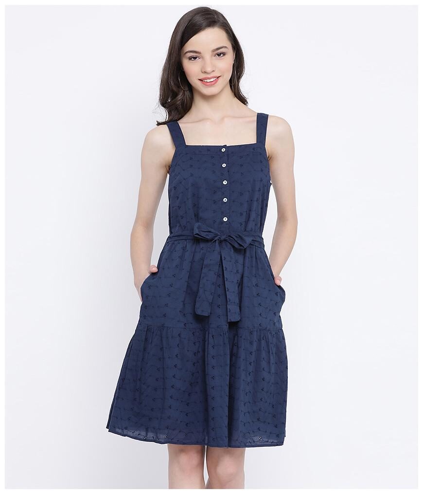 

Oxolloxo Women Cotton Embroidered Navy Blue A Line Dress