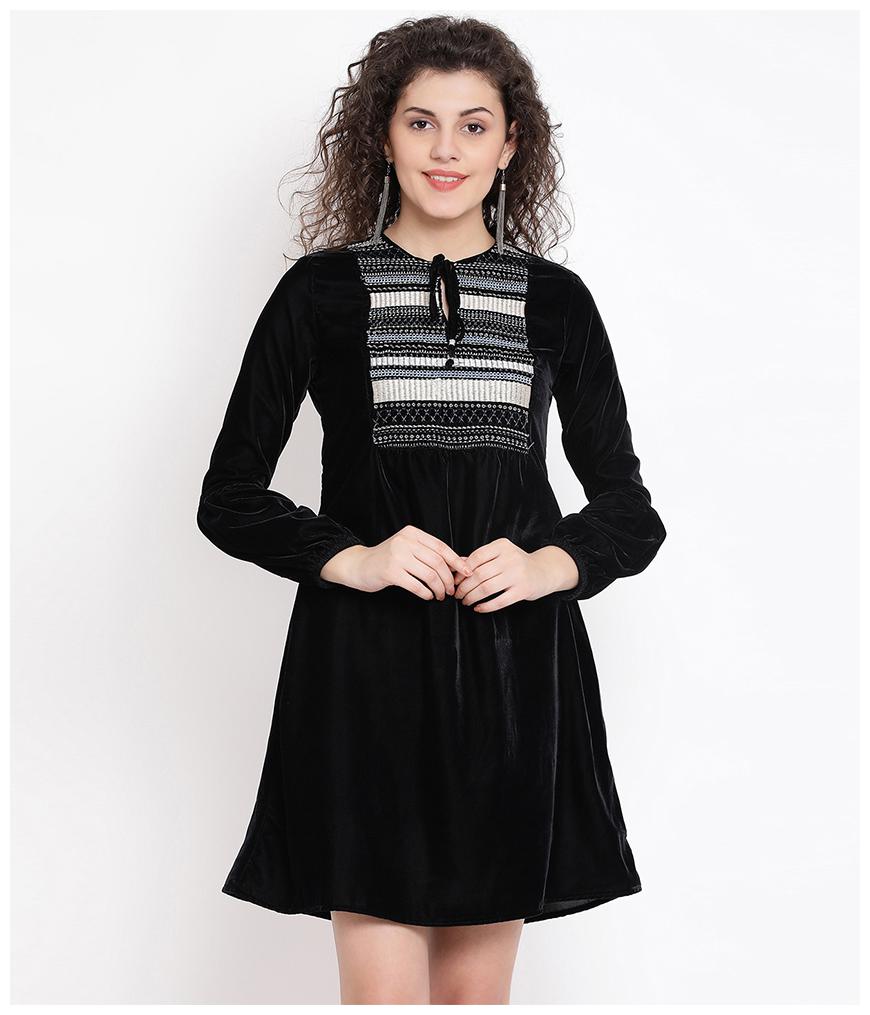 

Oxolloxo Women Polyester Embroidered Black A Line Dress