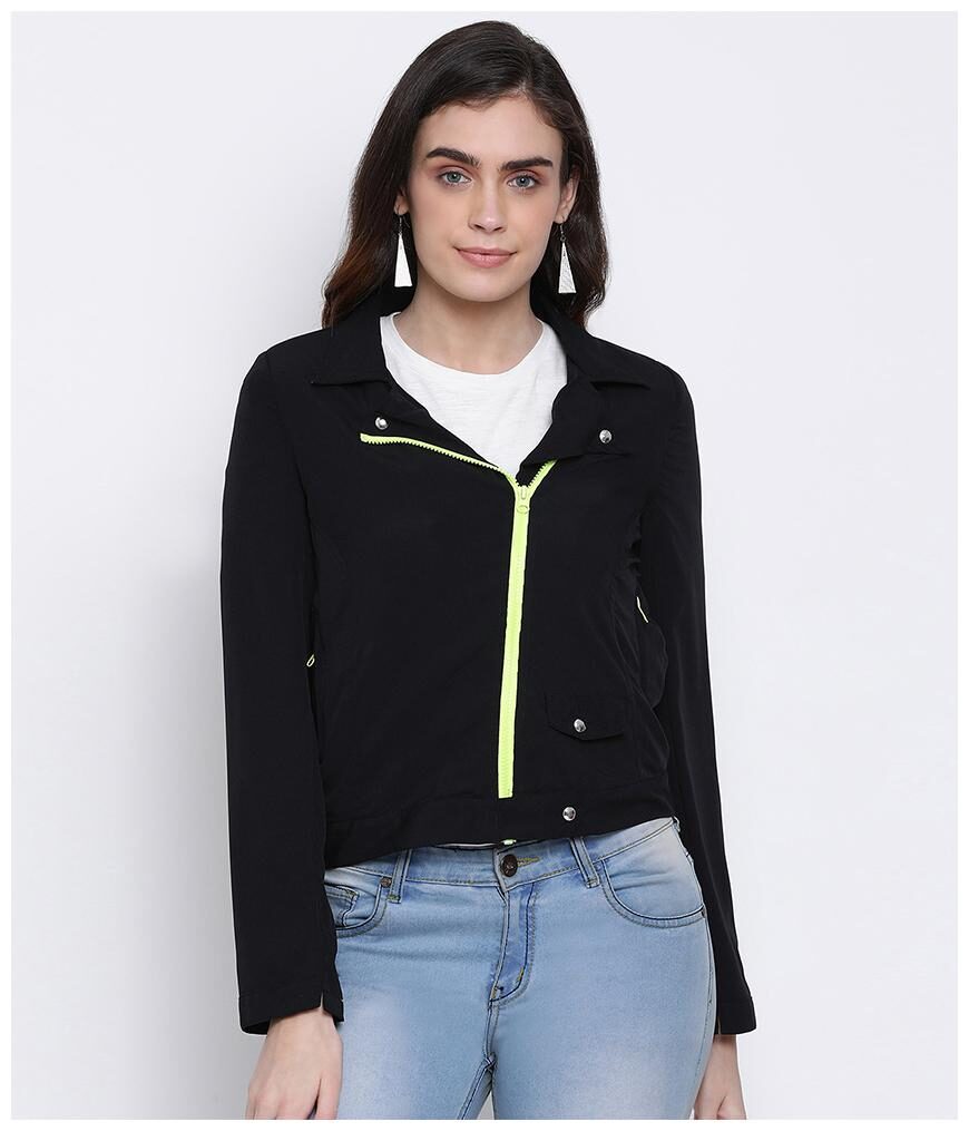 

Oxolloxo Women Solid Biker Jacket - Black